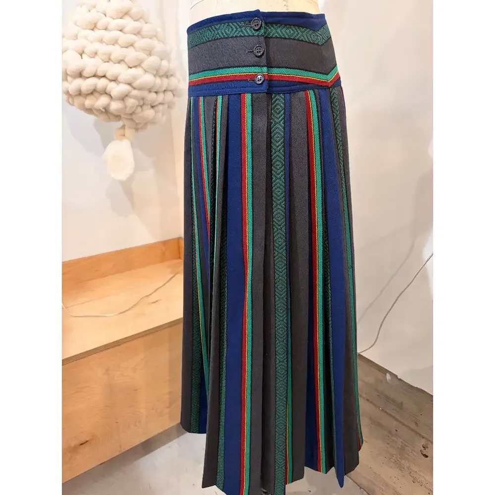 Vintage Kenzo Paris Wool Striped Pleated Midi Skirt Size 40 Made in France